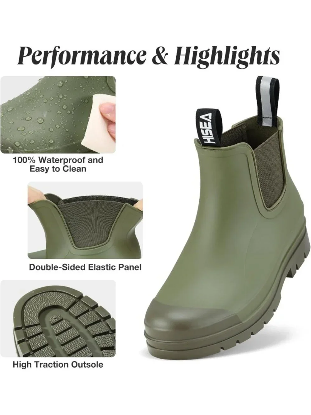 Women's Olive Green Ankle Chelsea Fashion Rubber Garden Non-Slip Rain Boots